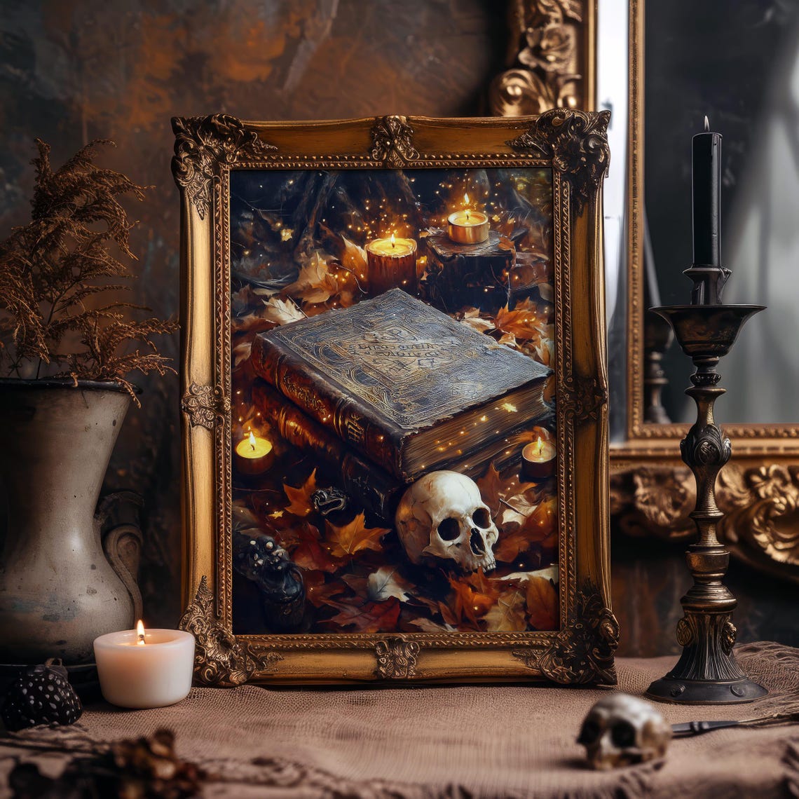 Witchy Spell Books Skull and Candles Dark Academia Art Poster - Image 3