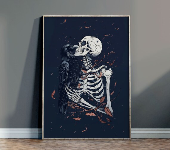 Dark Skeleton And Raven Amid Falling Leaves Gothic Fantasy Art Poster