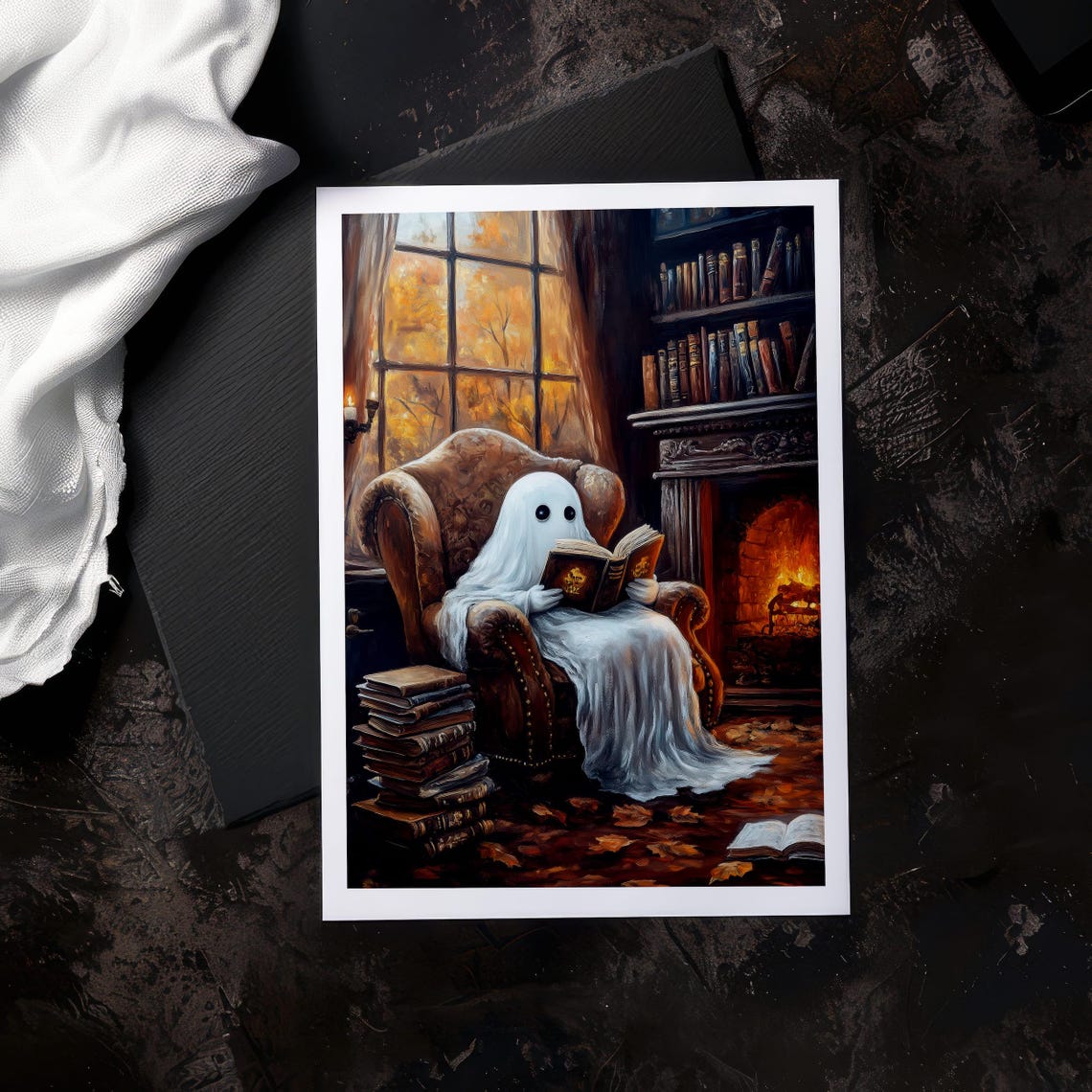Cute Ghost Reading in Armchair by Fireplace Halloween Art Poster - Image 3