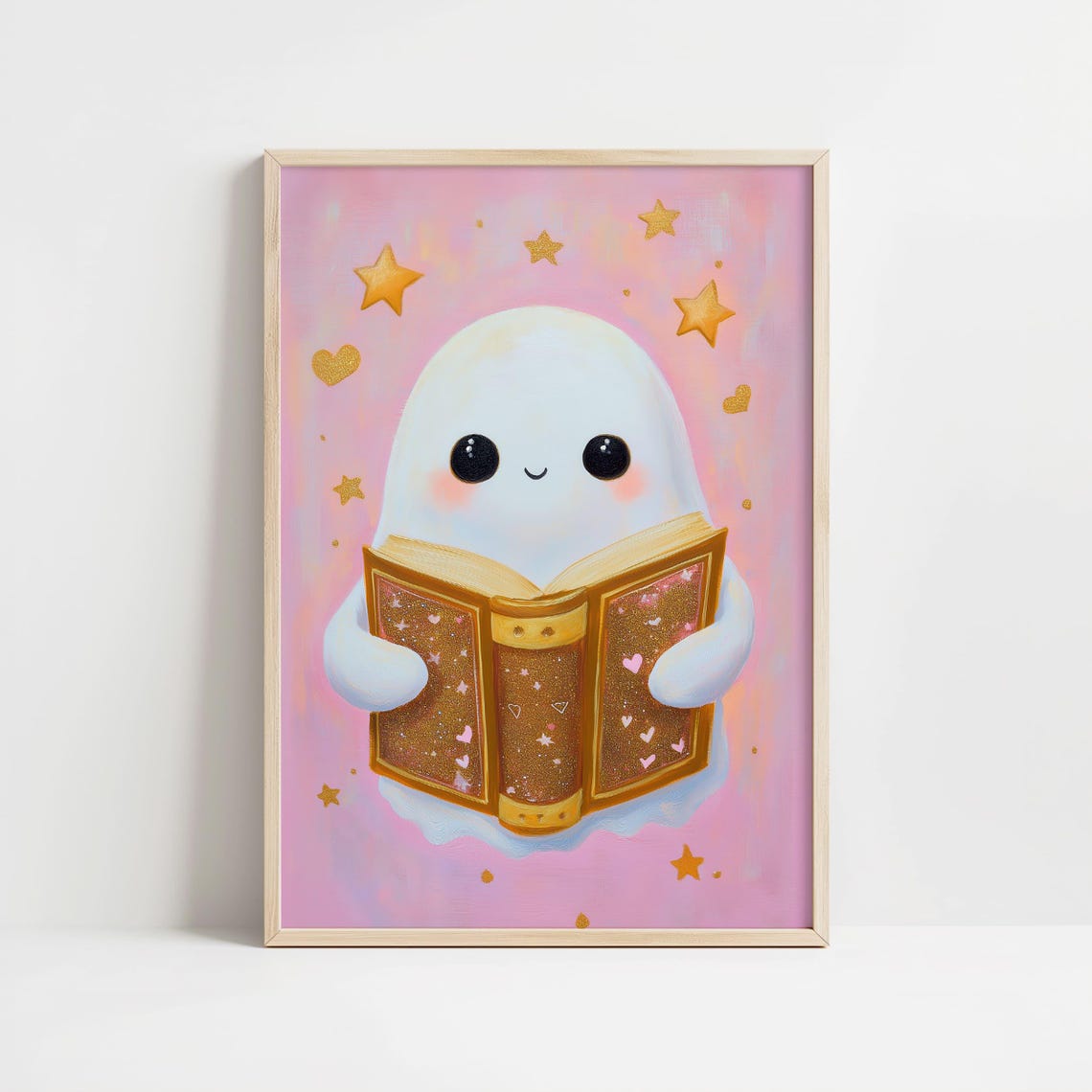 Cute Ghost Reading Golden Book Pink Halloween Bookish Poster - Image 2
