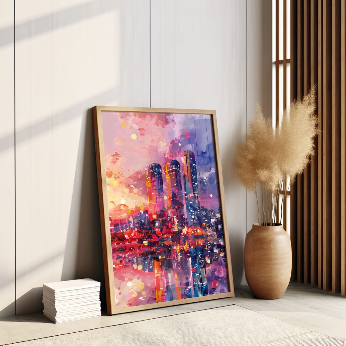 Modern Cityscape Sunset Neon Watercolor Urban Skyline Decor Wall Art - Image 5