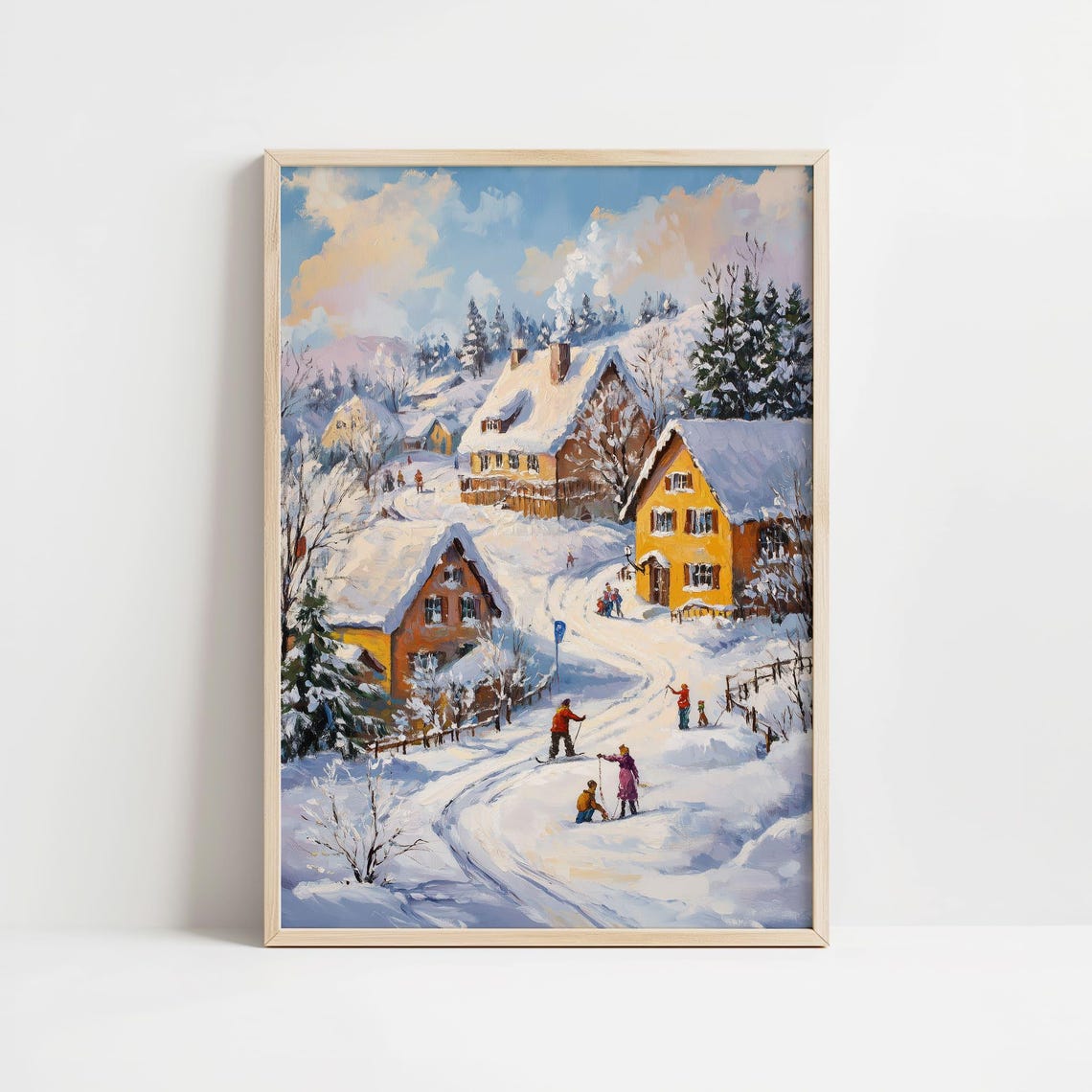 Snowy Village Cottages Winter Sledding Scene Oil Painting Poster - Image 8