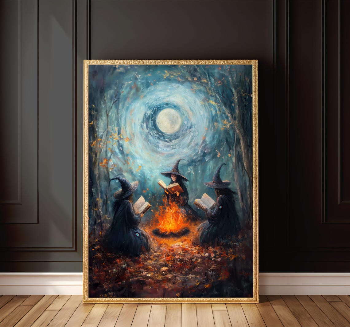 Three Witches Reading by Campfire Moonlit Forest Gothic Poster