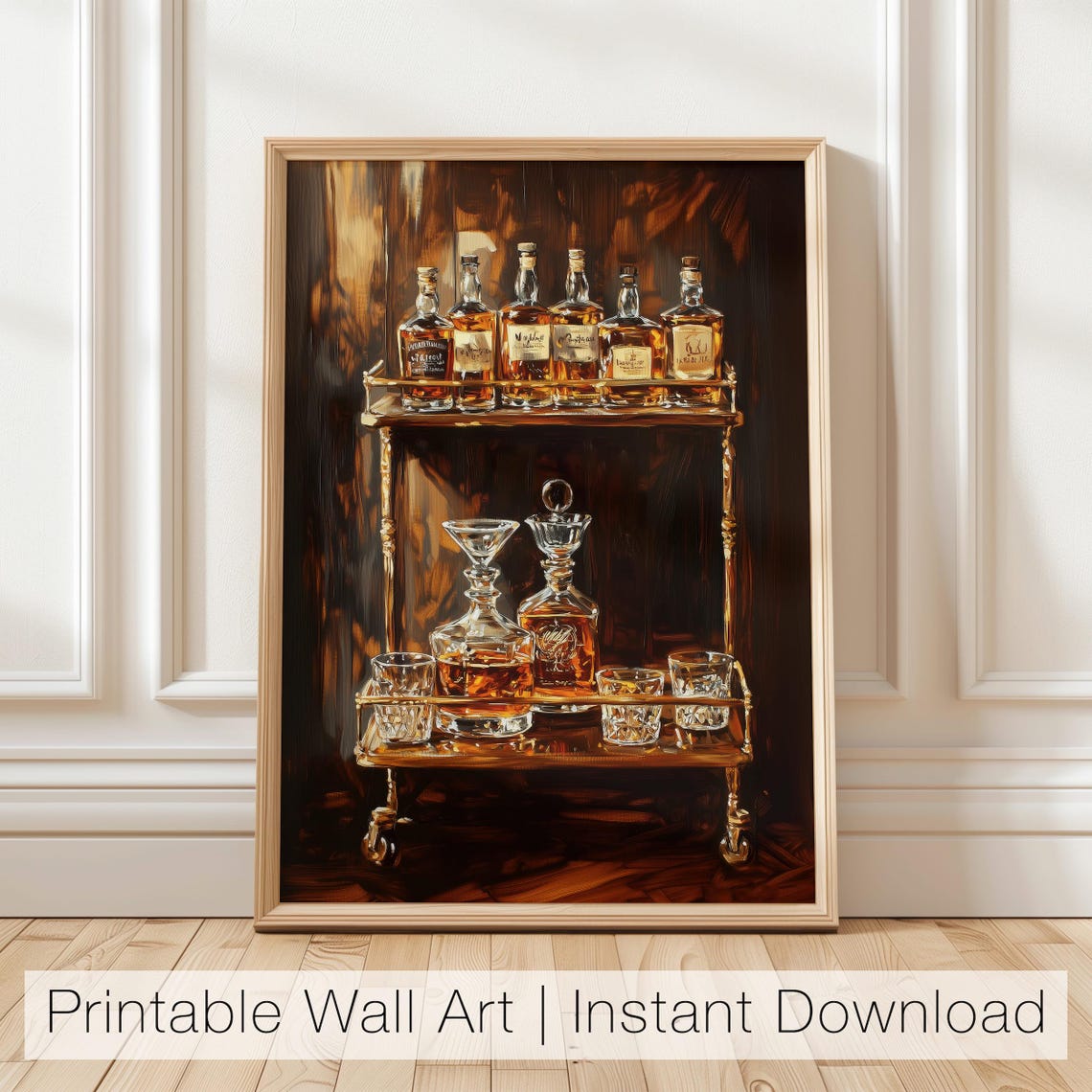 Vintage Whiskey Bar Cart With Bottles and Decanters Art Poster