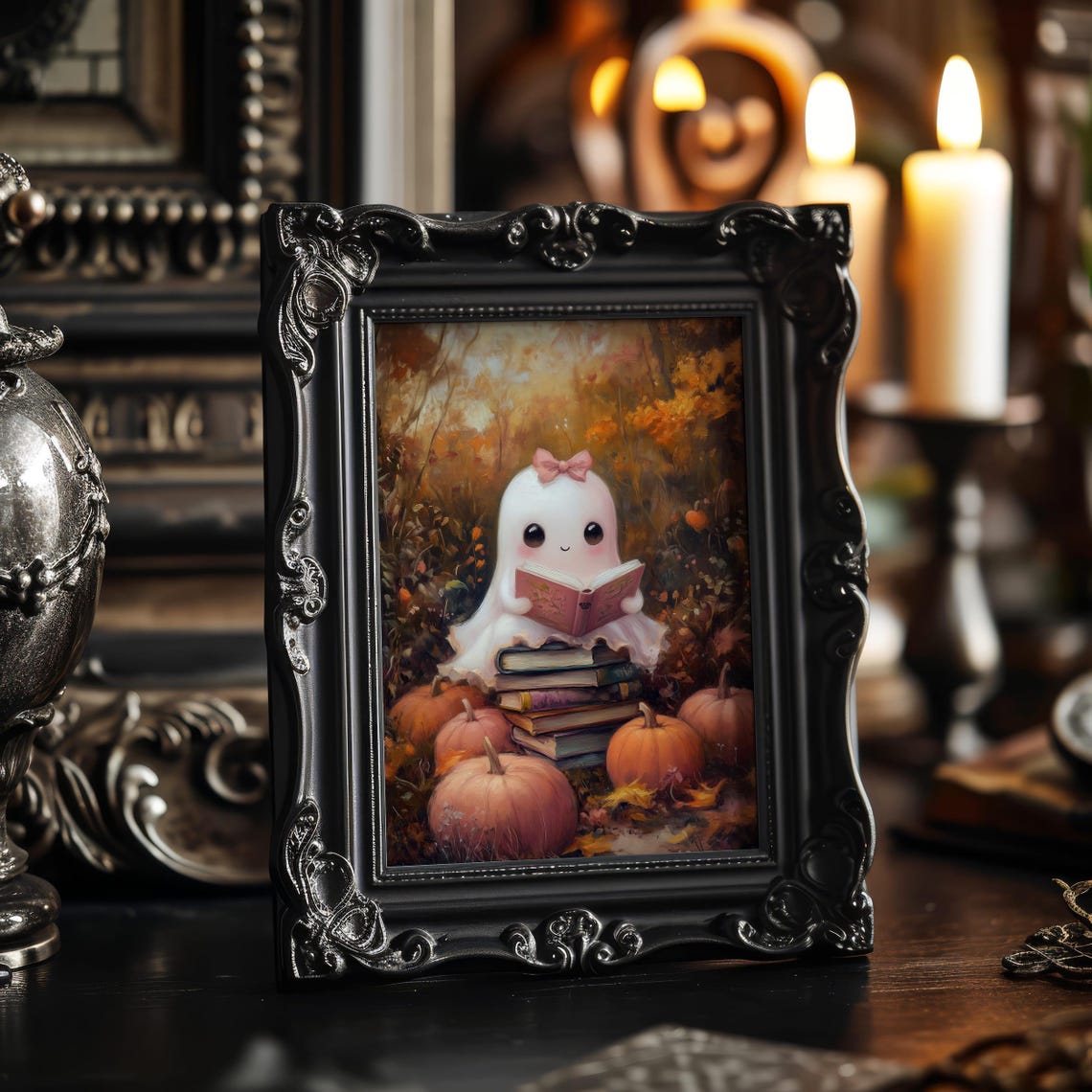 Cute Ghost Reading Book Among Pumpkins Autumn Forest Halloween Poster - Image 6