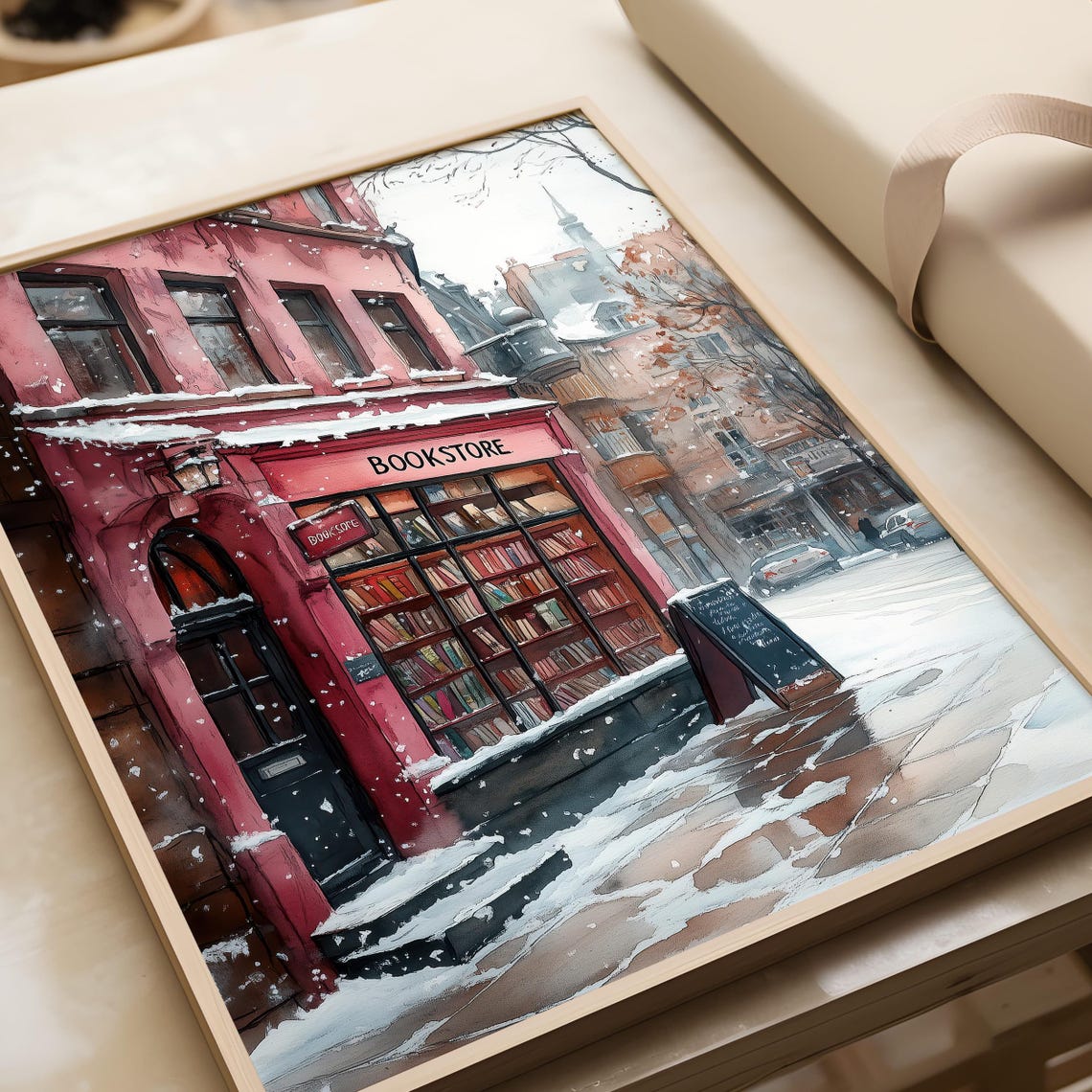 Red Bookstore Facade on a Snowy Winter Street Watercolor Poster - Image 5