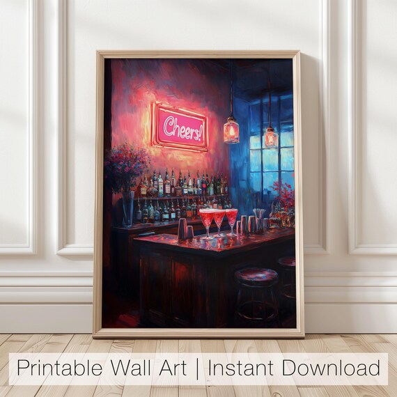 Cheers Neon Sign Over a Retro Cocktail Bar Night Scene Poster