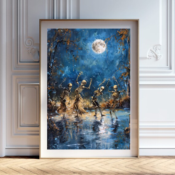 Dancing Skeletons Under Full Moon Spooky Halloween Night Poster