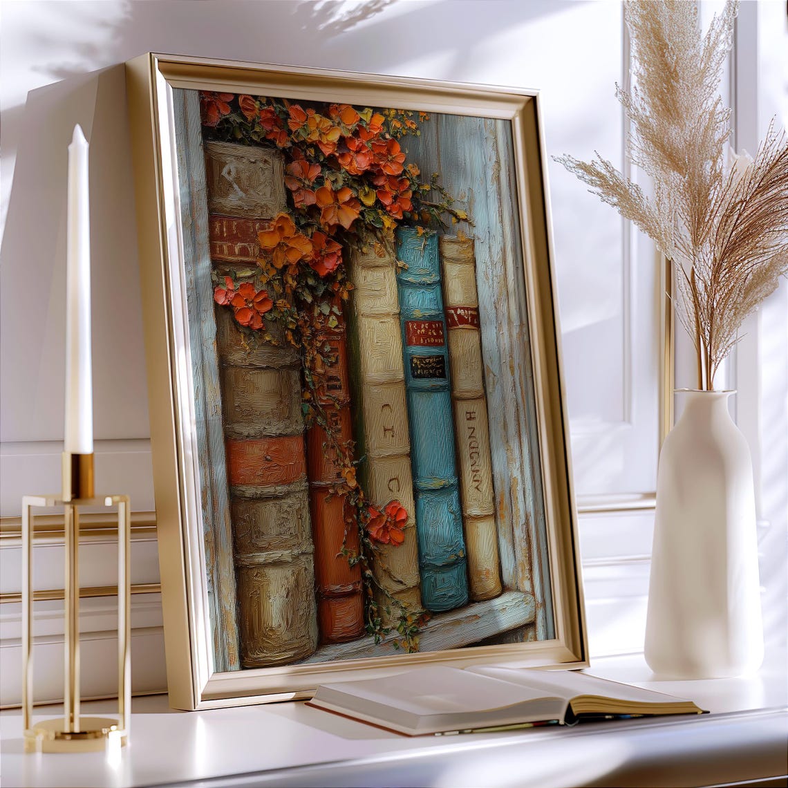 Vintage Books With Orange Flowers Impasto Oil Painting Poster - Image 3