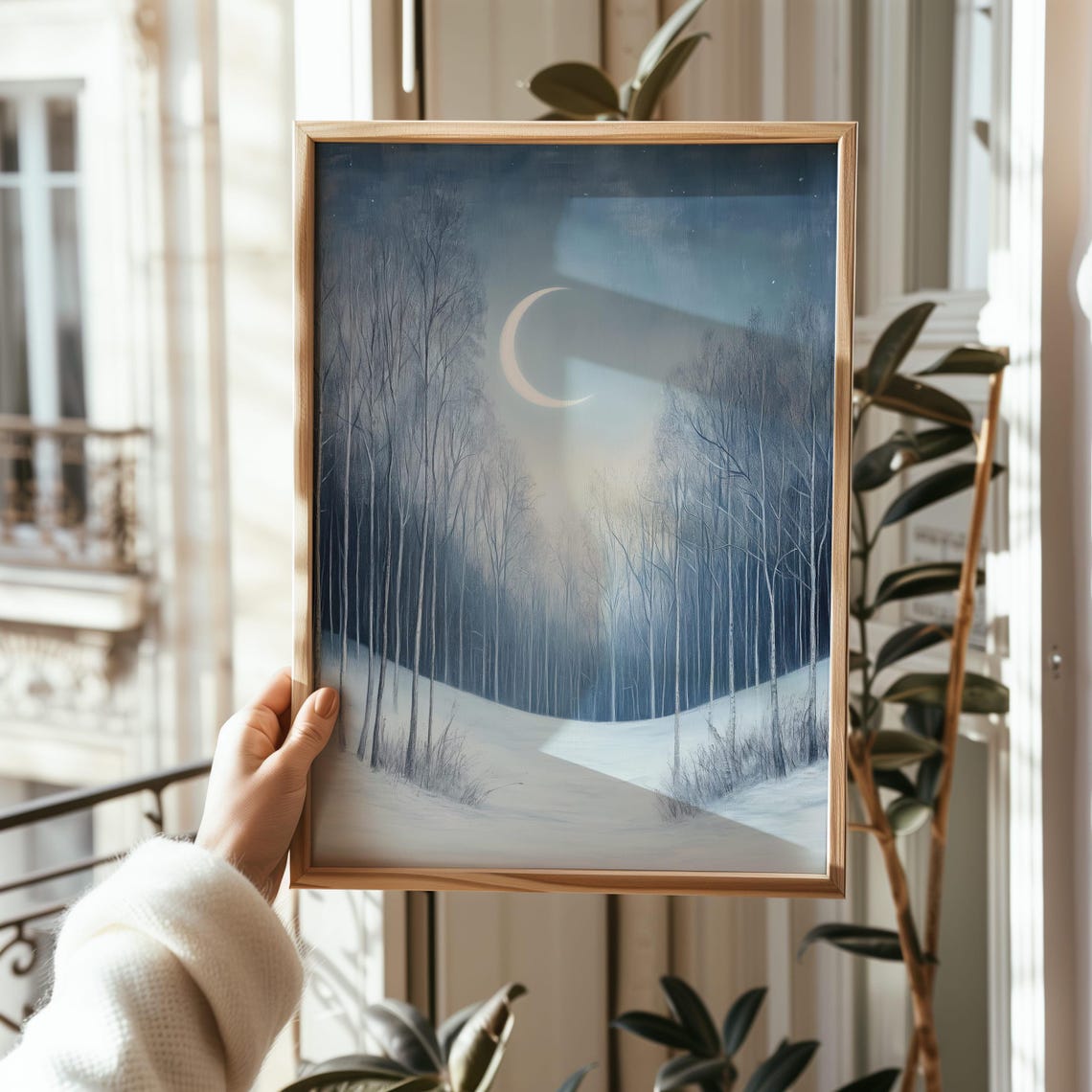 Glowing Crescent Moon Over a Snowy Winter Birch Forest Poster - Image 4