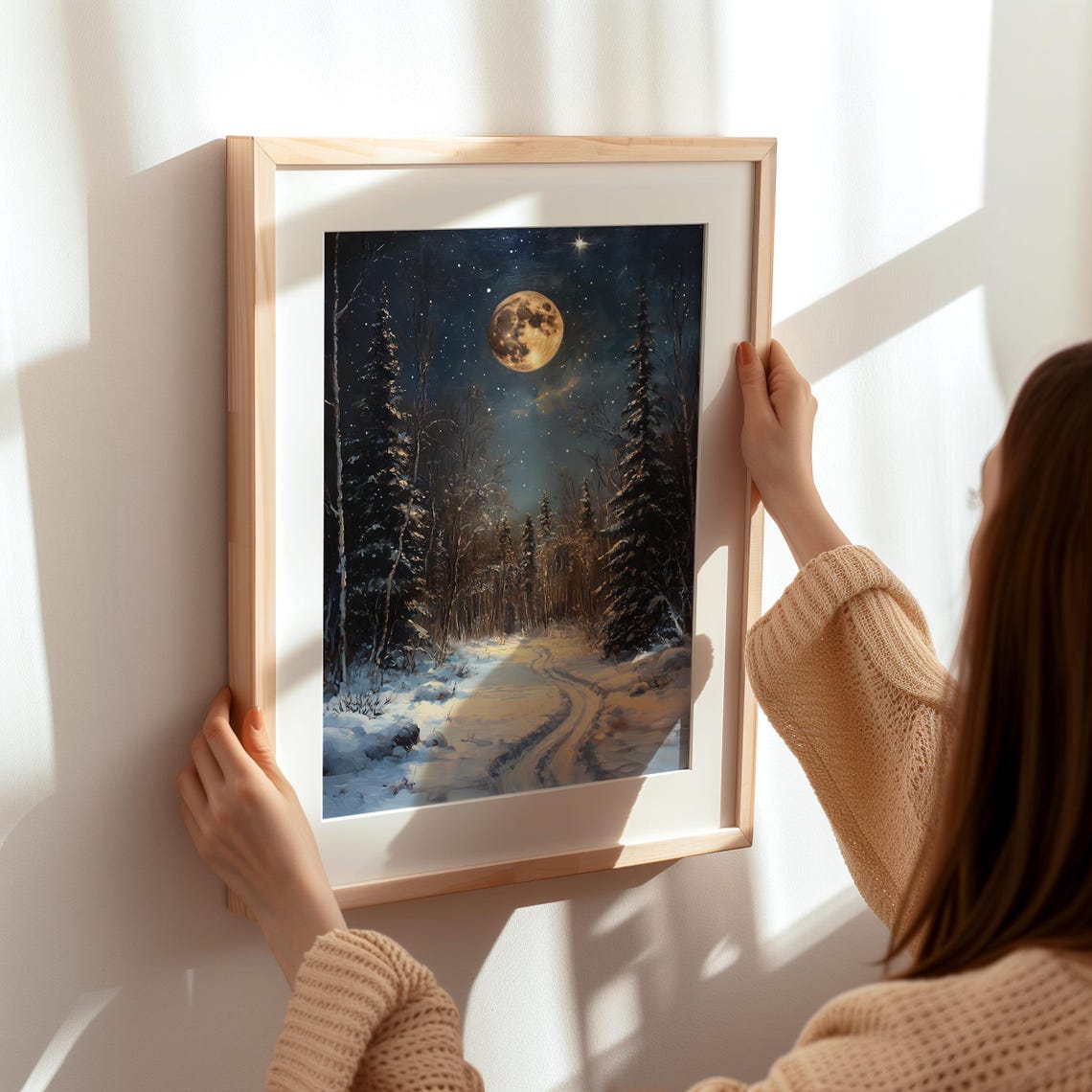 Full Moon Over Snowy Forest Path Winter Night Landscape Poster - Image 3
