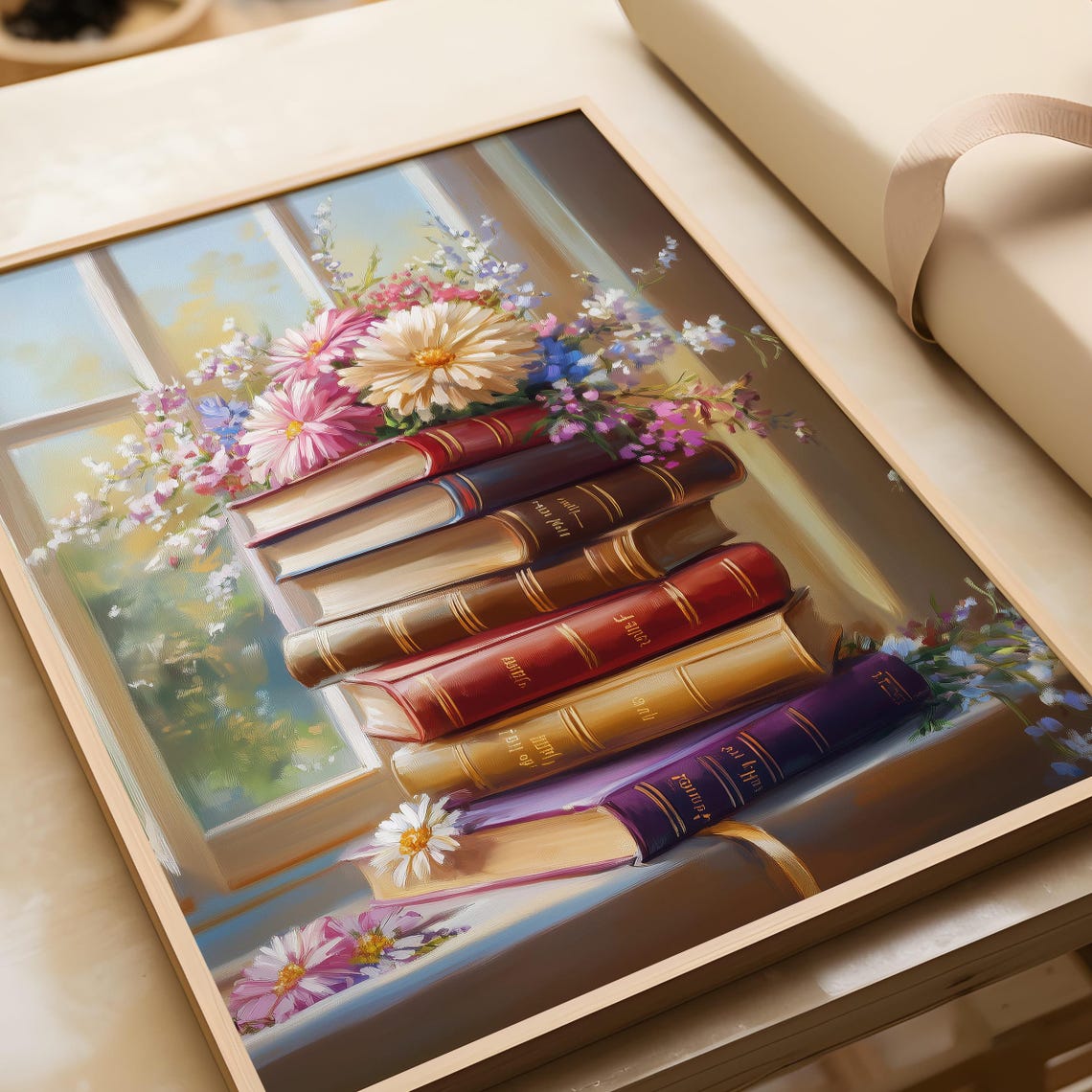 Vintage Books Stack With Flowers Window Literary Decor Poster - Image 6