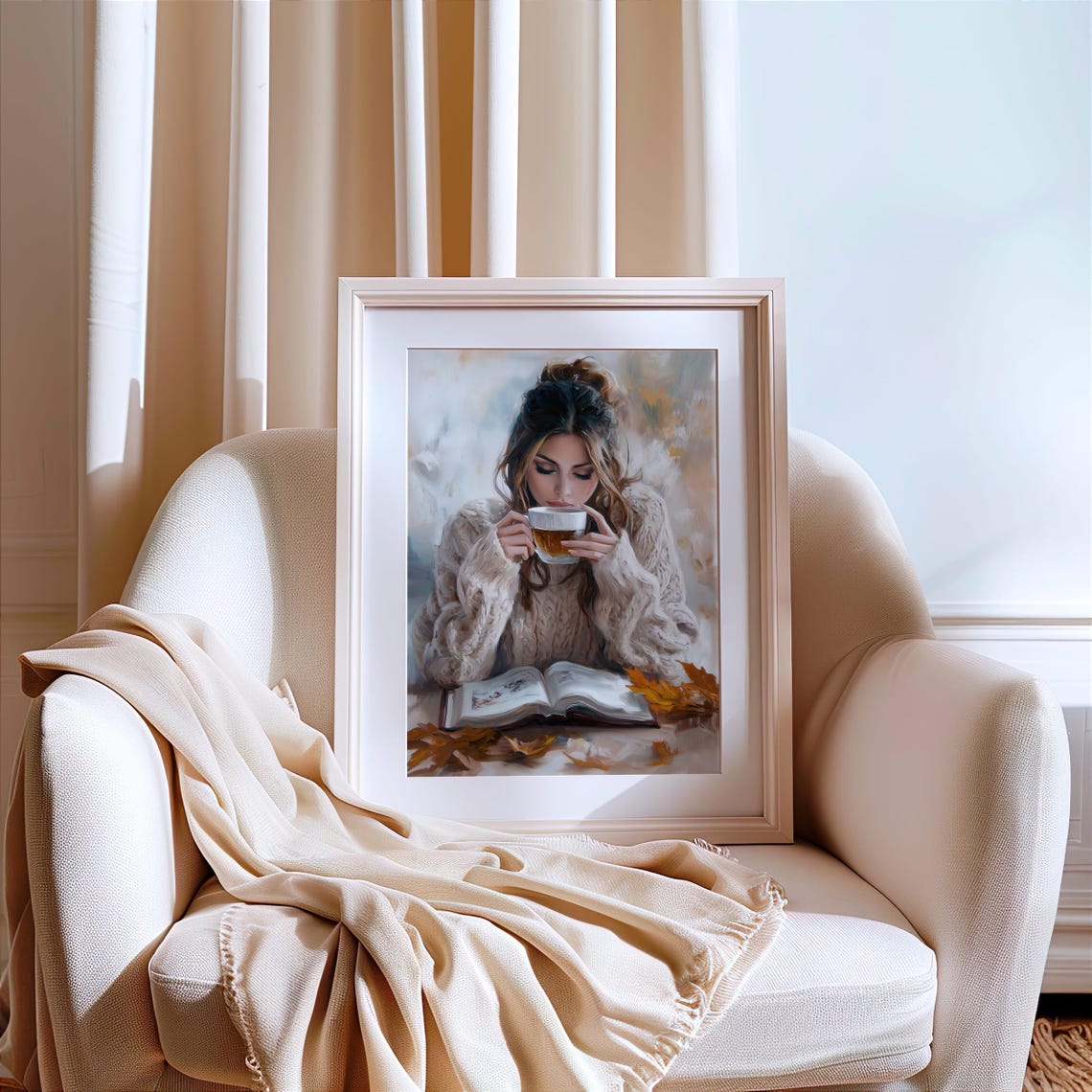 Woman In Knit Sweater With Coffee Cozy Autumn Reading Poster - Image 3