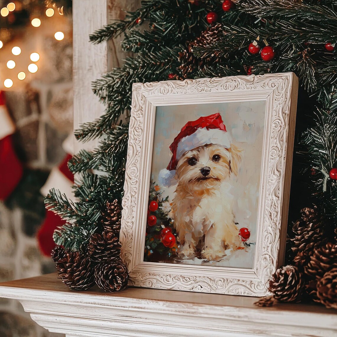 Christmas Puppy In Santa Hat Cute Dog Holiday Oil Art Poster - Image 3