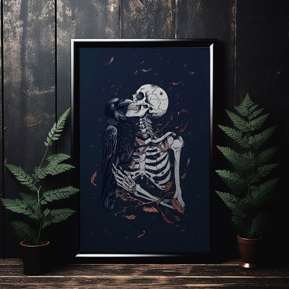 Dark Skeleton And Raven Amid Falling Leaves Gothic Fantasy Art Poster - Image 4