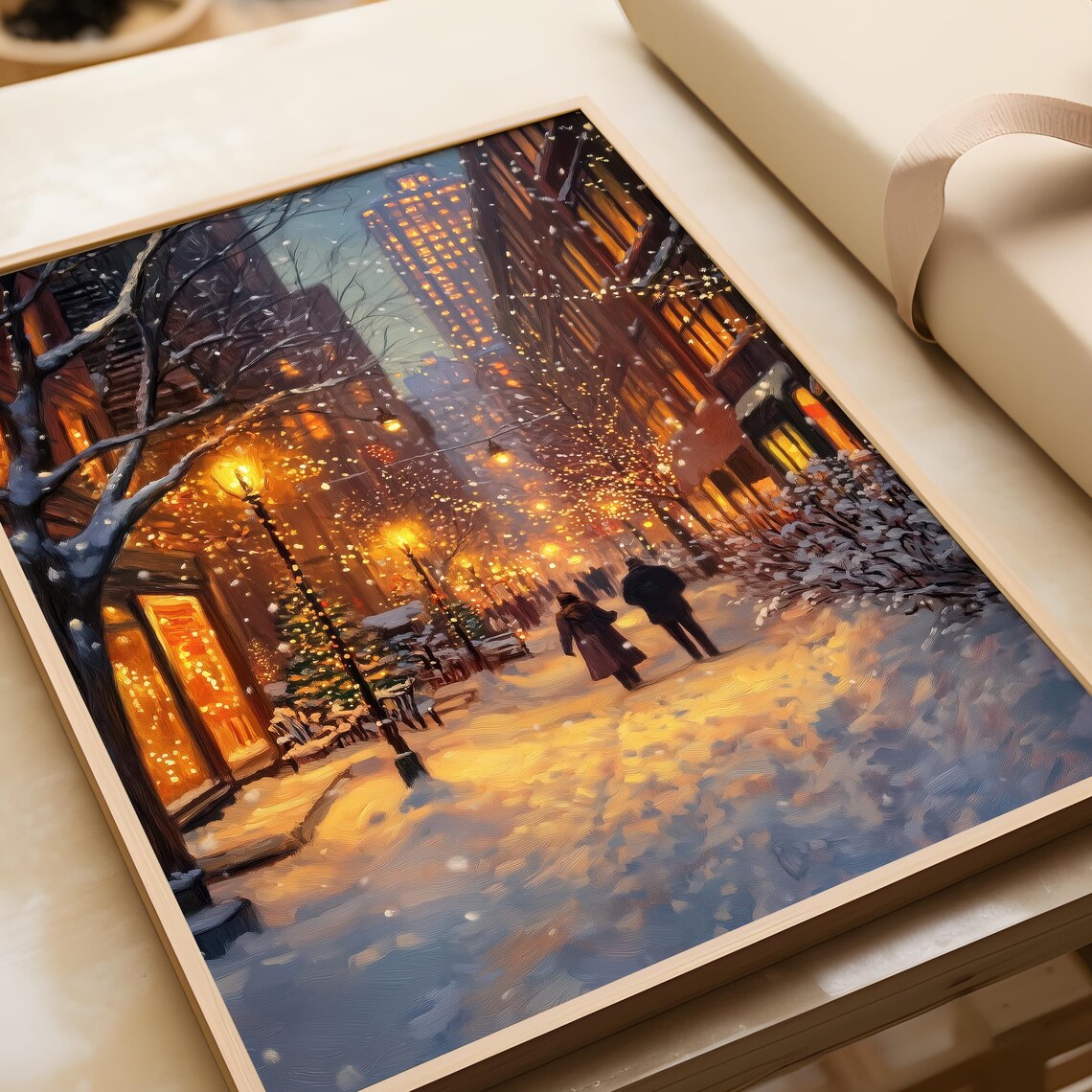 Winter City Street Christmas Art Print, Holiday Cityscape - Image 2
