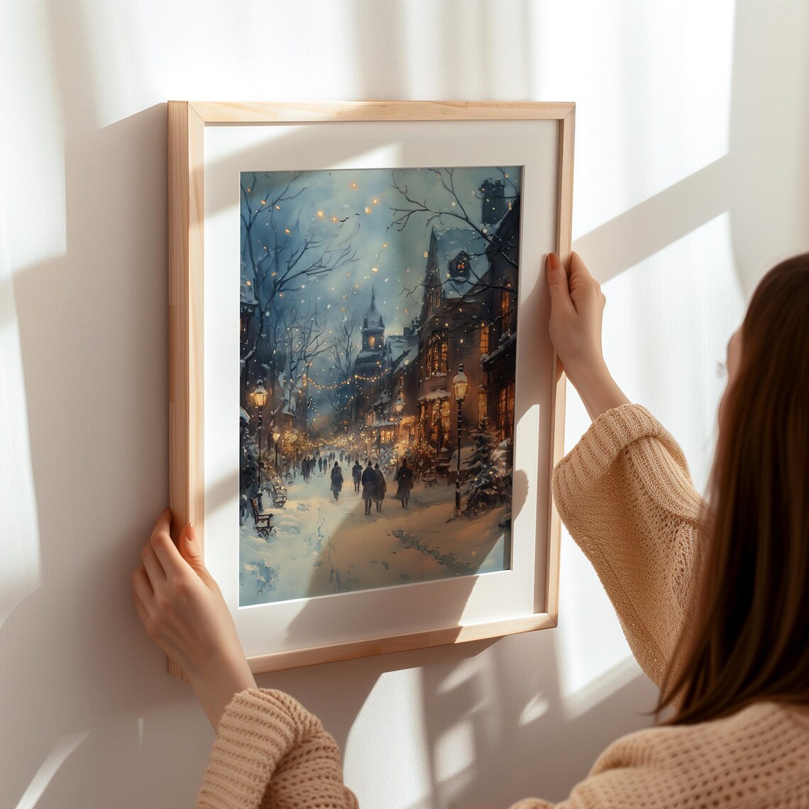 Winter Night Town Art Print, Snowy Street Holiday Decor - Image 4