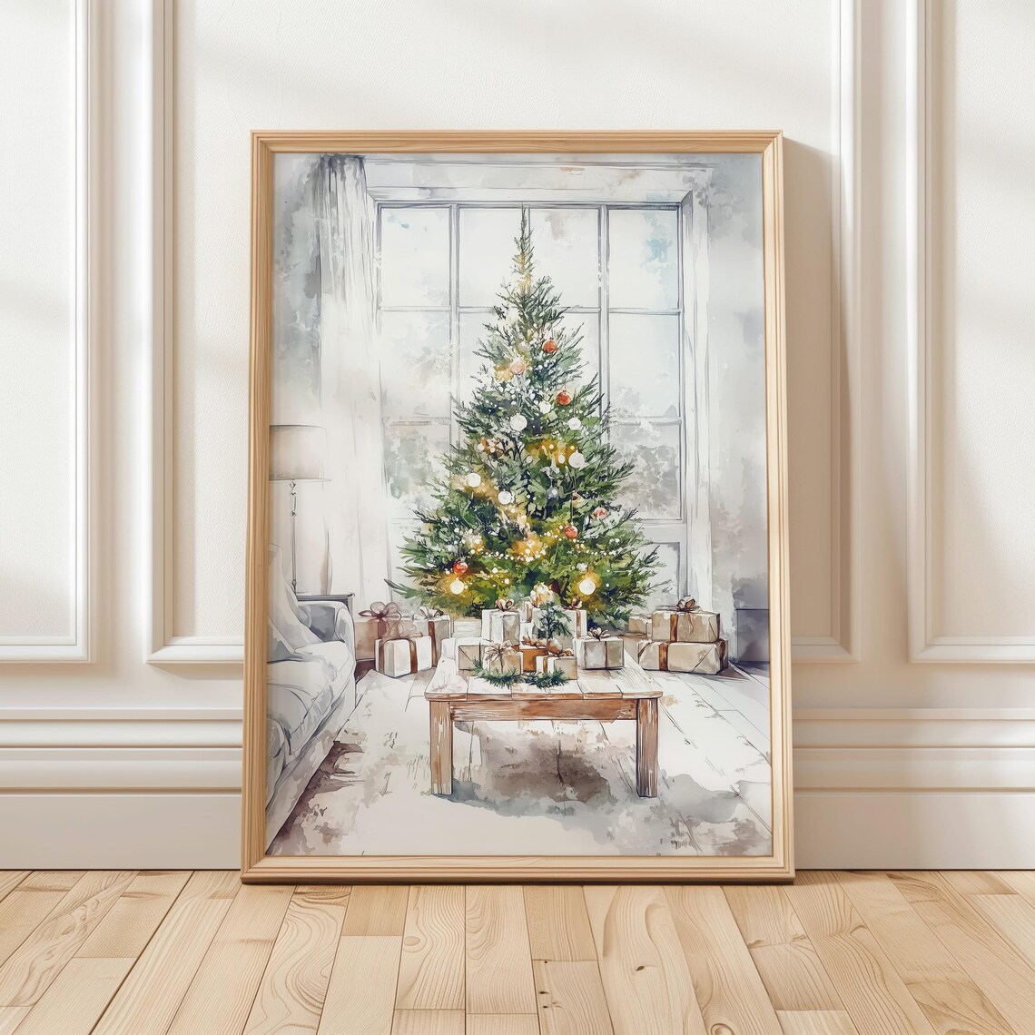 Watercolor Christmas Tree With Lights and Gifts Holiday Art Poster