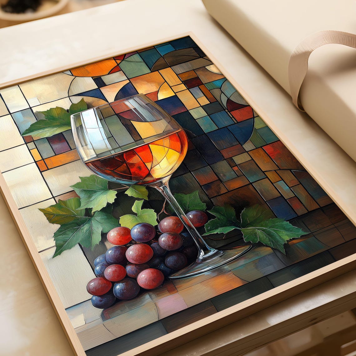 Stained Glass Style Wine Glass with Grapes Vibrant Mosaic Art Poster - Image 3