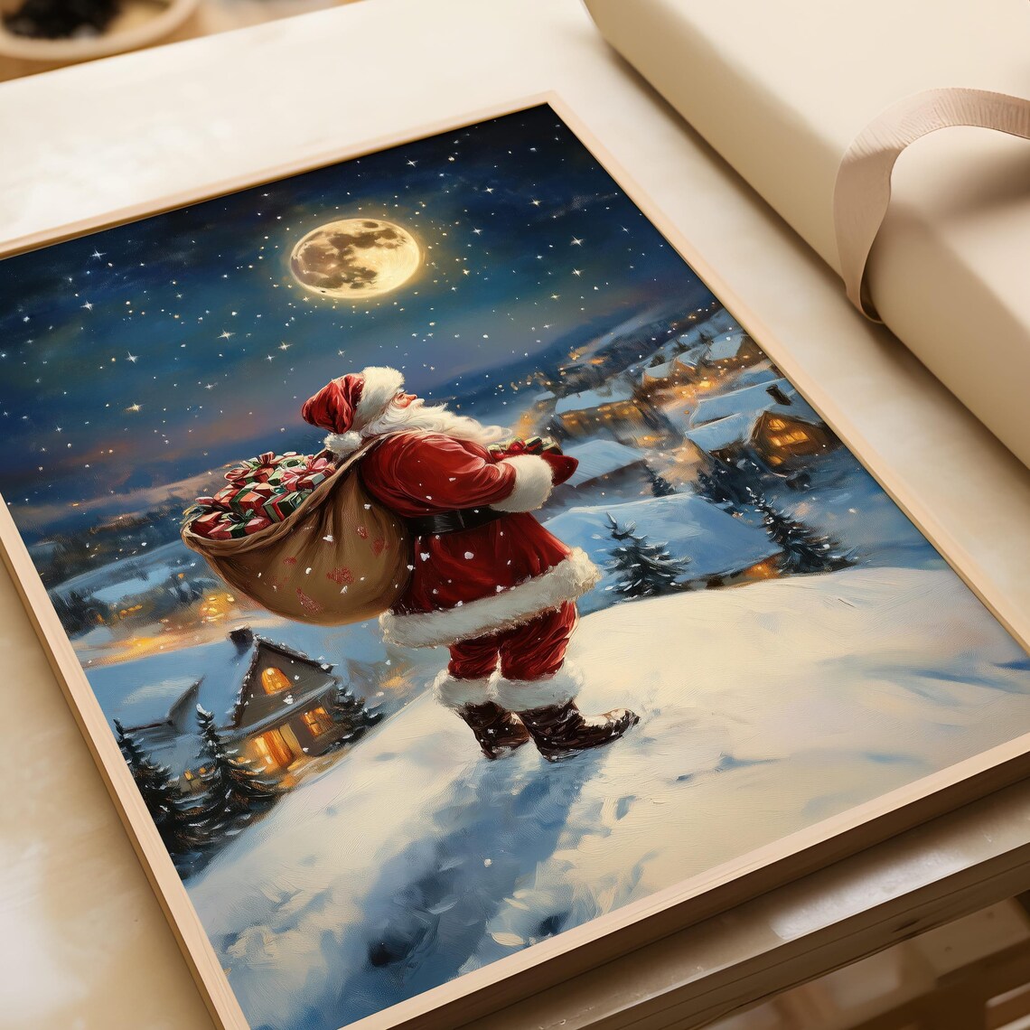 Santa Claus Christmas Night with Full Moon Art Print - Image 3