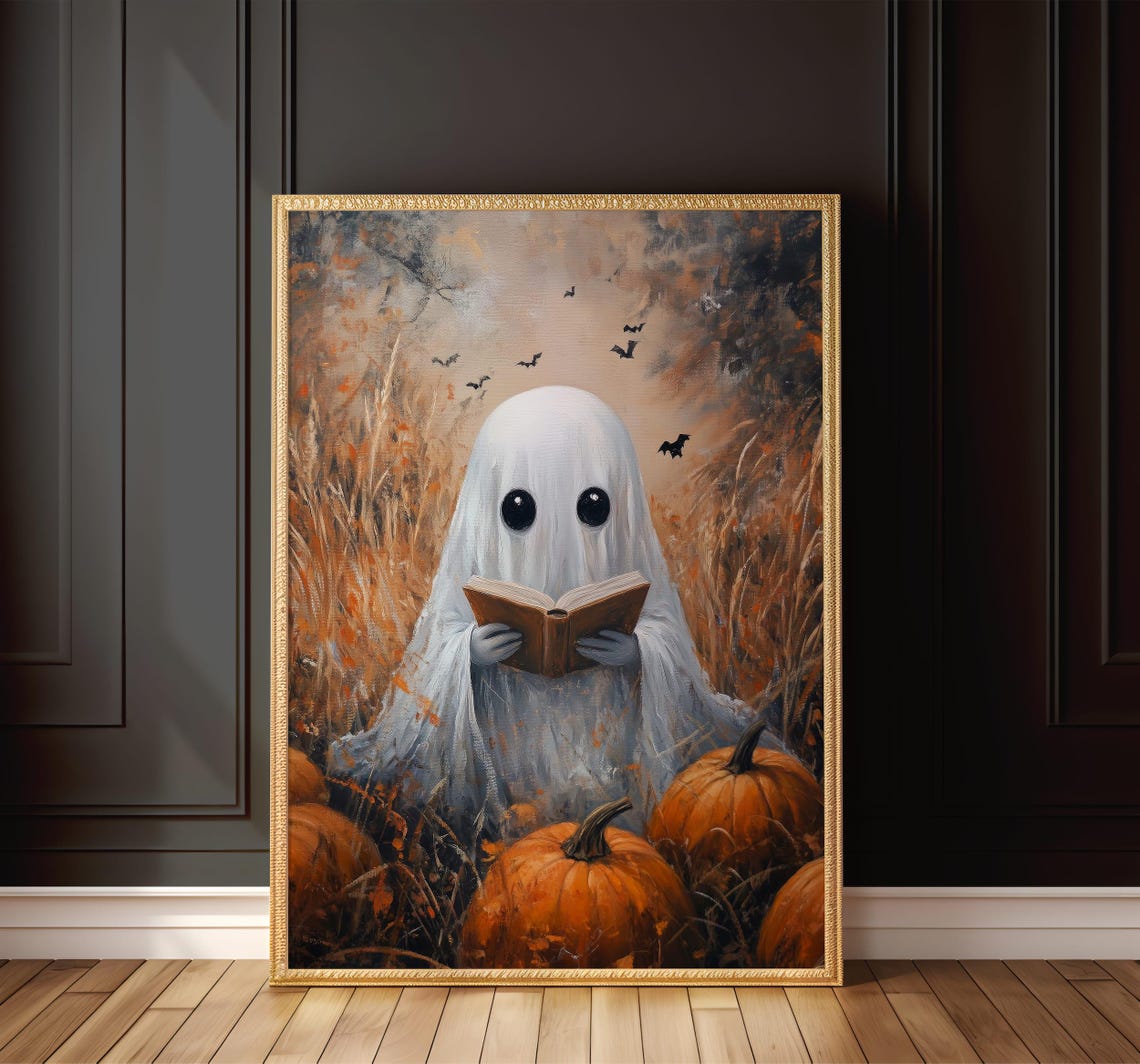 Cute Ghost Reading Book in Pumpkin Patch Halloween Night Poster - Image 8