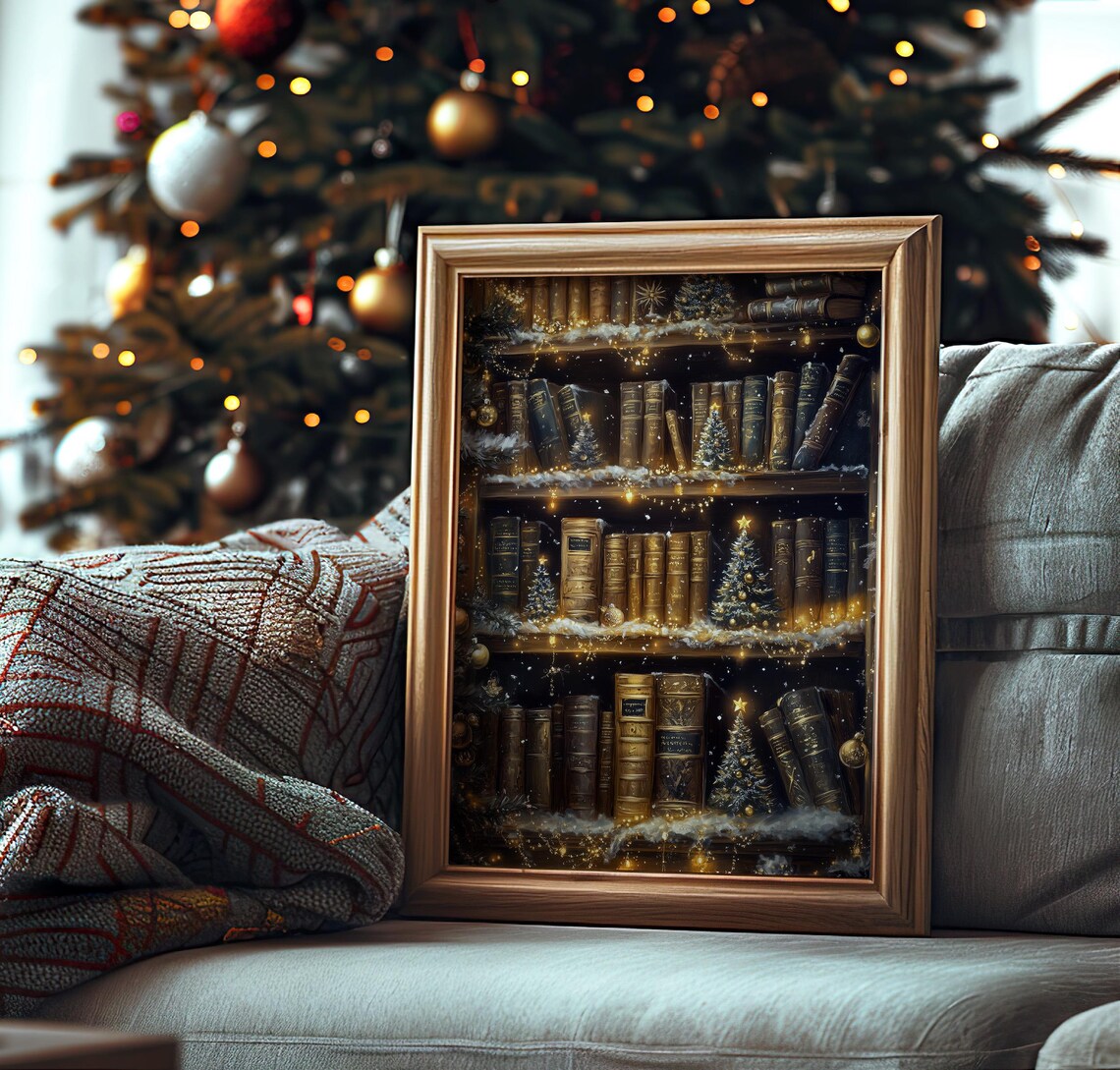 Christmas Bookshelf Art Print, Holiday Reading Nook - Image 5