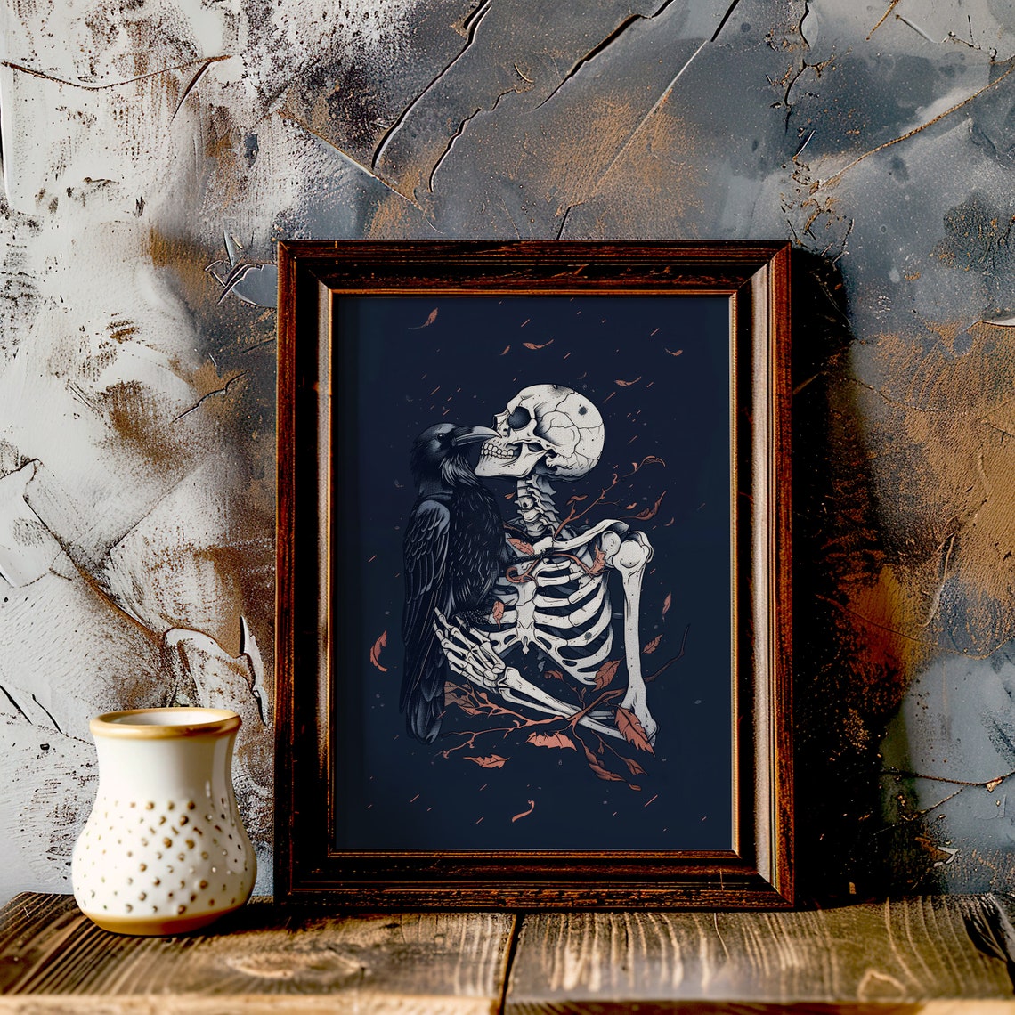 Dark Skeleton And Raven Amid Falling Leaves Gothic Fantasy Art Poster - Image 3