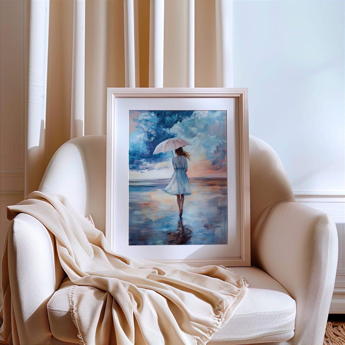 Woman With Umbrella Beach Sunset Walk Impressionist Art Poster - Image 2
