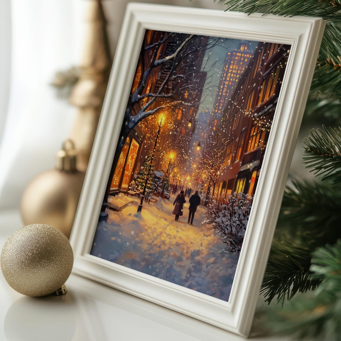 Winter City Street Christmas Art Print, Holiday Cityscape - Image 4
