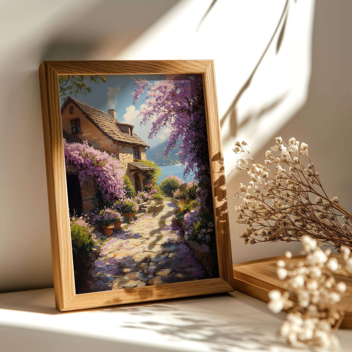 Rustic Stone Cottage With Wisteria By Lake Floral Art Poster - Image 2