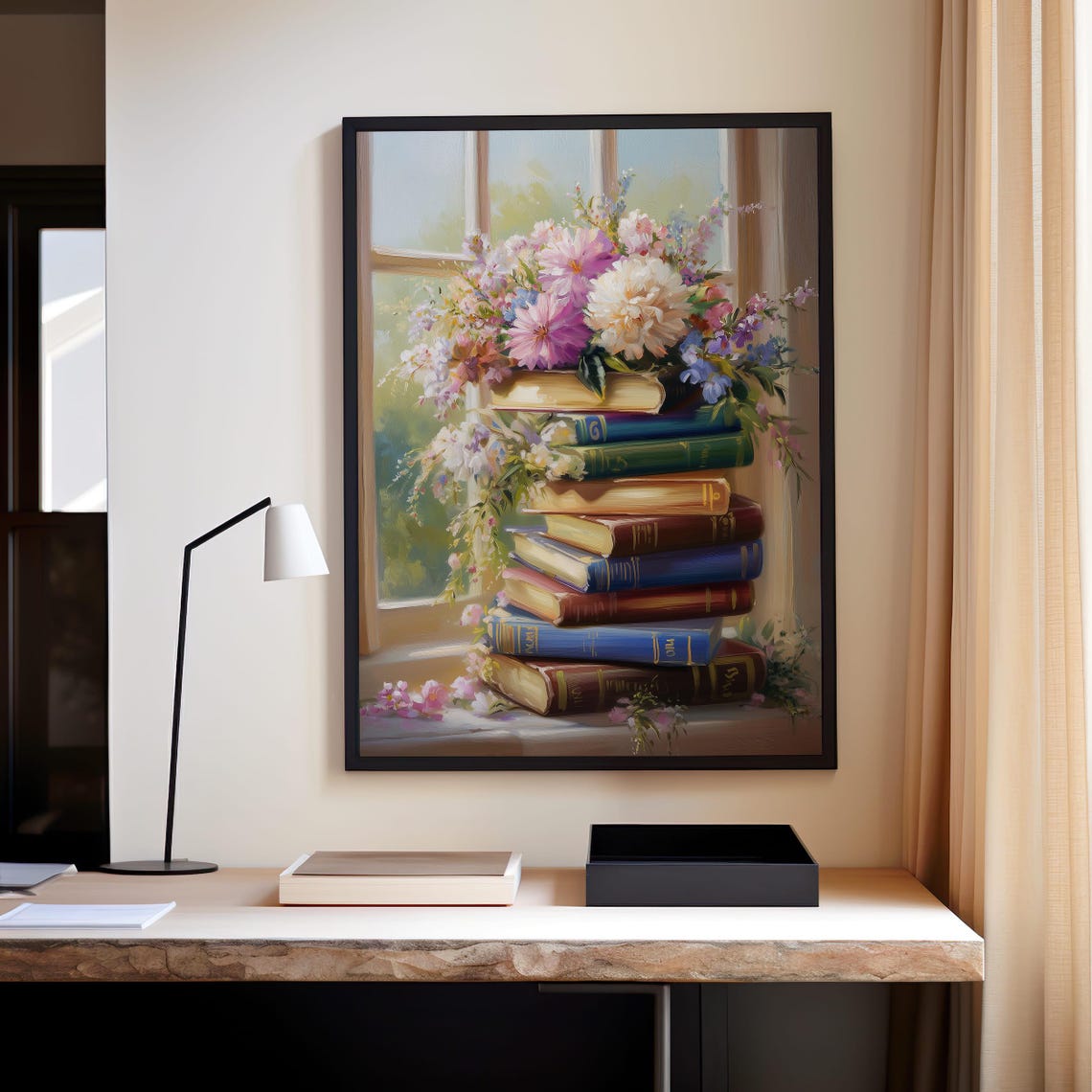Floral Book Stack Watercolor Painting Library Reading Decor Poster - Image 4