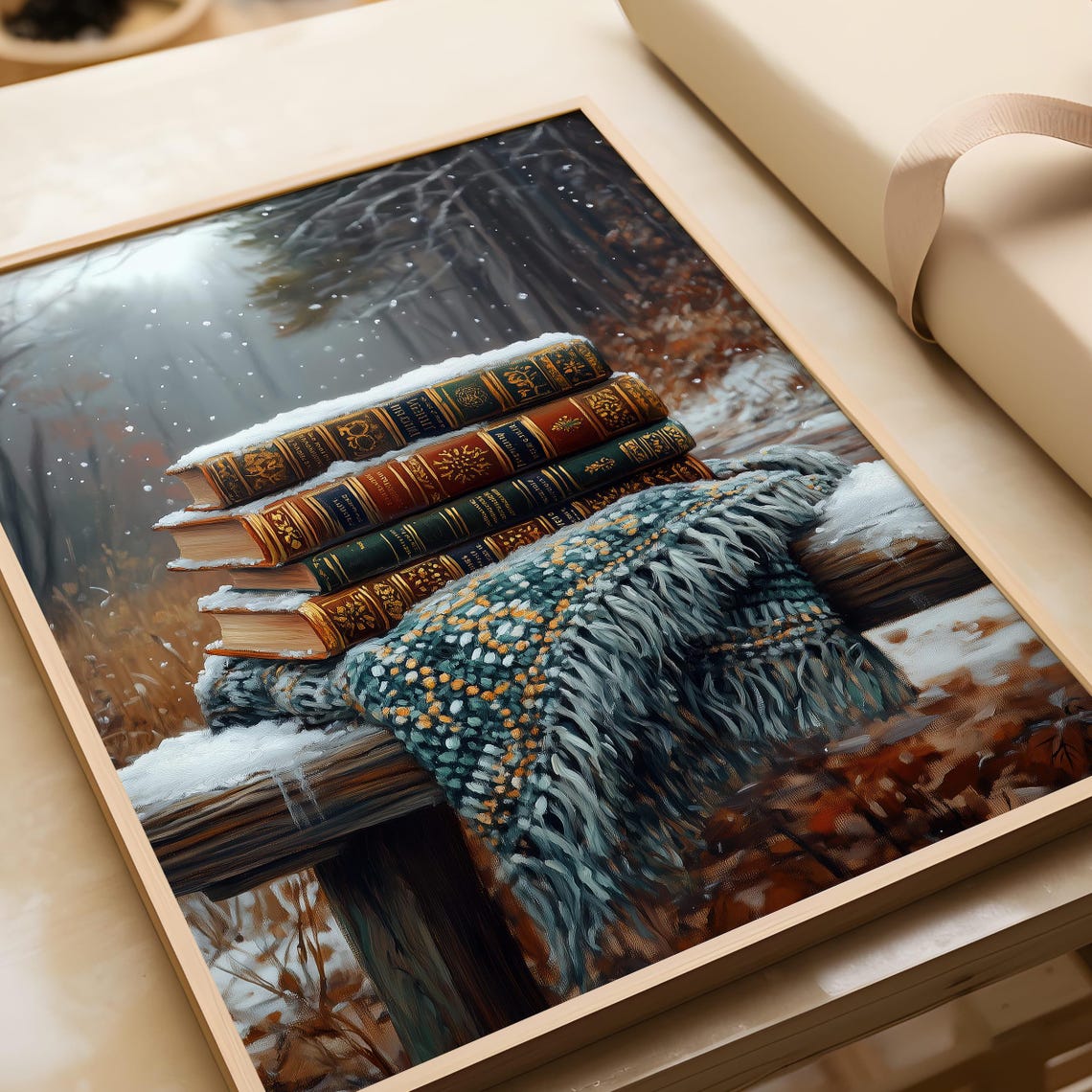 Stack of Vintage Books in Snow on Wooden Bench Winter Forest Poster - Image 6