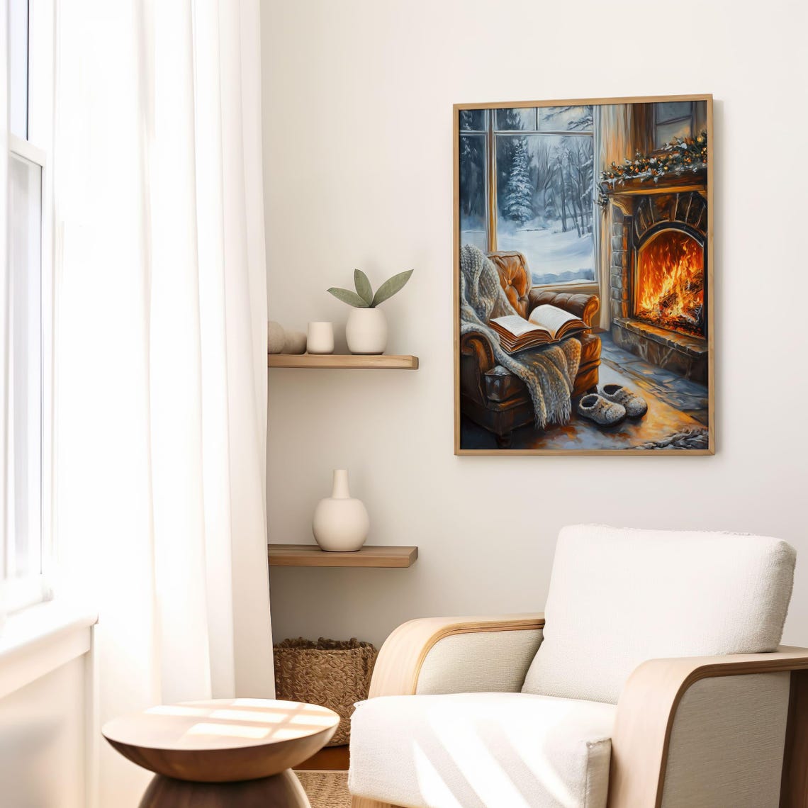 Cozy Reading Nook by Fireplace With Snowy Window View Poster - Image 2