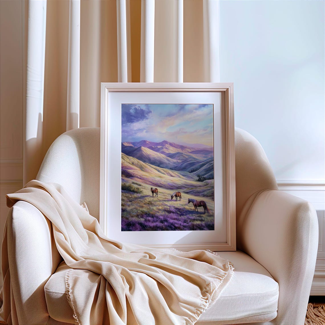 Wild Horses Grazing In Purple Mountain Meadow At Sunset Poster - Image 2