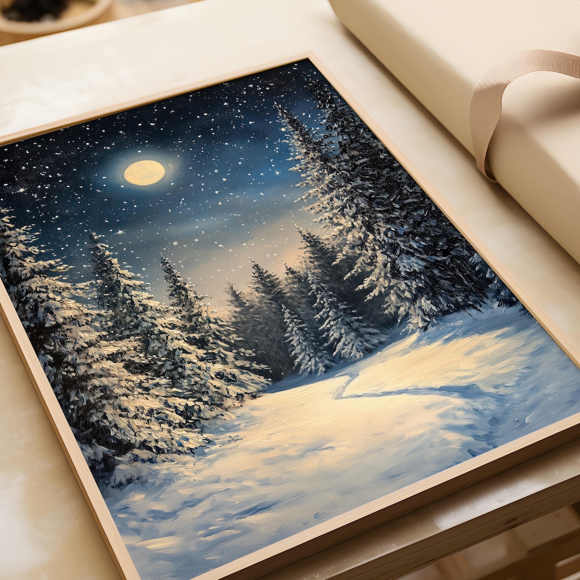 Winter Moon Forest Art Print, Snowy Night Scene - Image 5