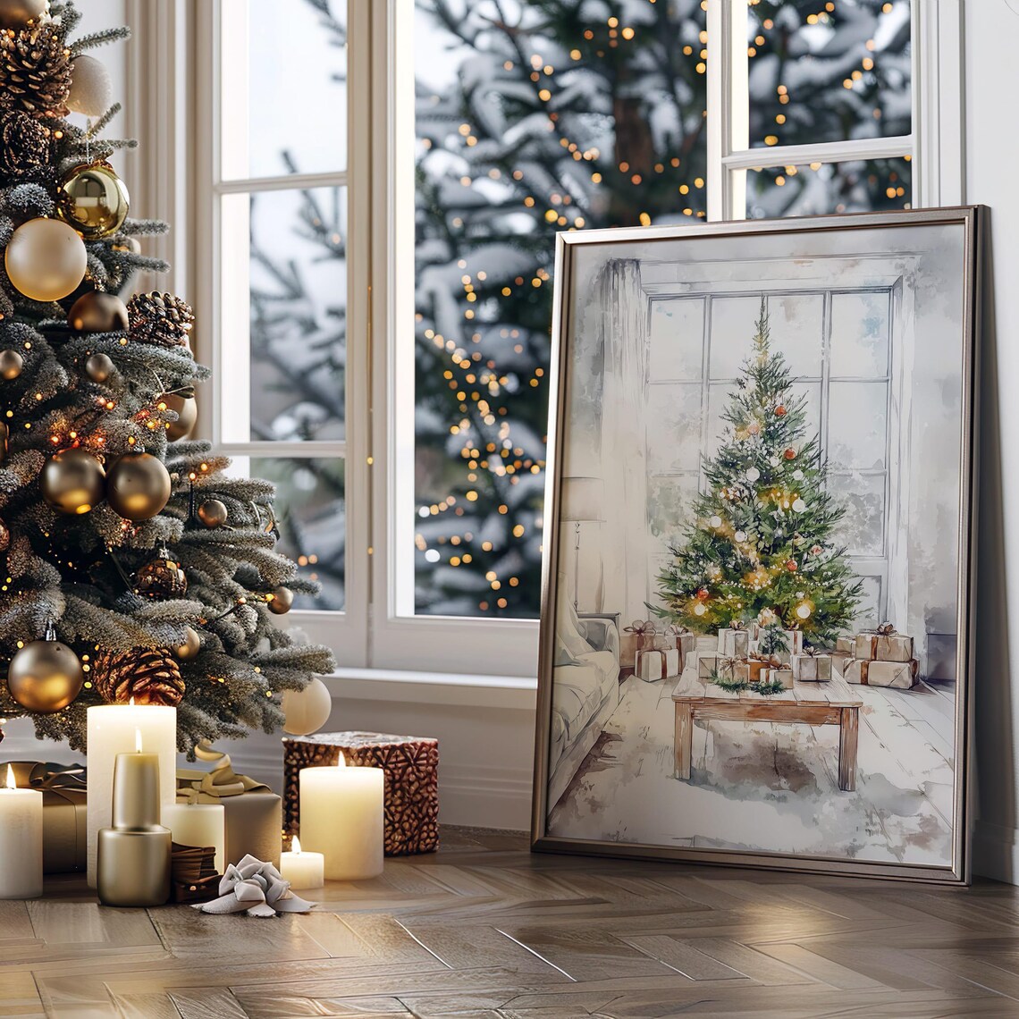 Watercolor Christmas Tree With Lights and Gifts Holiday Art Poster - Image 7