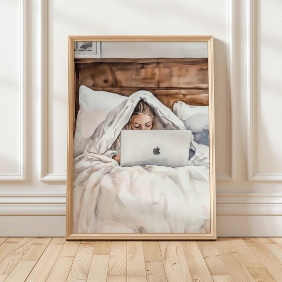 Cozy Woman In Bed With Laptop Work From Home Watercolor Poster