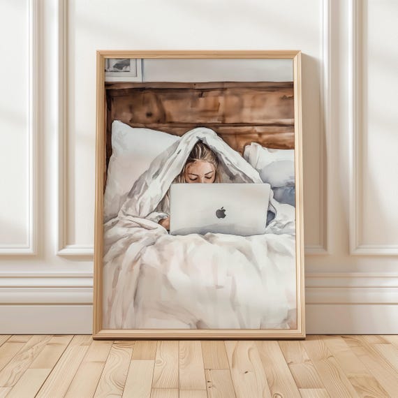 Woman In Bed Art Feminist Relax Wall Print Trendy Dorm Room Decor Cozy Art For Bedroom Relaxing Work From Home Art