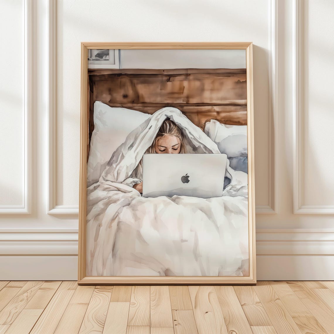 Cozy Woman In Bed With Laptop Work From Home Watercolor Poster