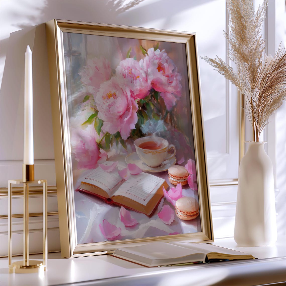 Pink Peonies with Open Book Tea and Macarons Floral Bookish Art Poster - Image 3