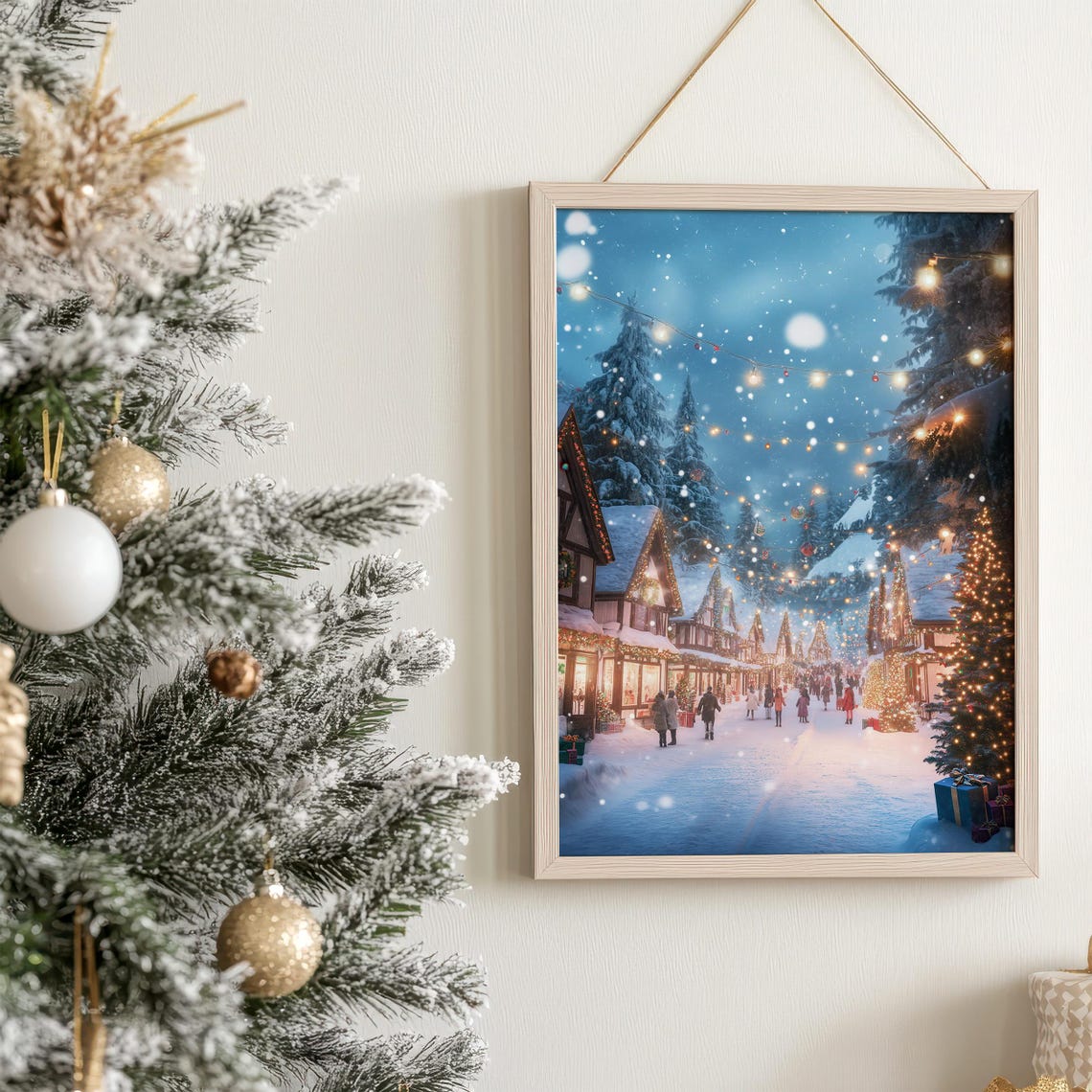 Snowy Christmas Village Night Lights Winter Wonderland Town Poster - Image 6