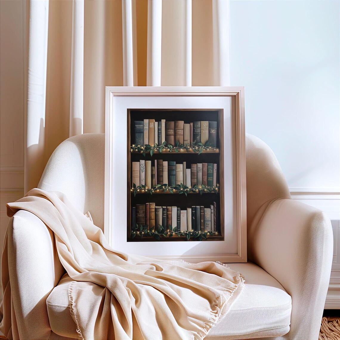 Cozy Vintage Bookshelf with Twinkling Fairy Lights Library Decor Poster - Image 4