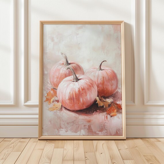 Pink Pumpkins Autumn Leaves Soft Fall Still Life Painting Wall Art