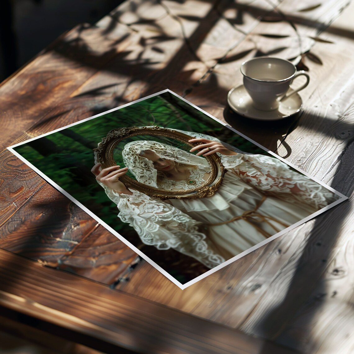 Dark Academia Woman Holding Golden Mirror In Forest Moody Art Poster - Image 7