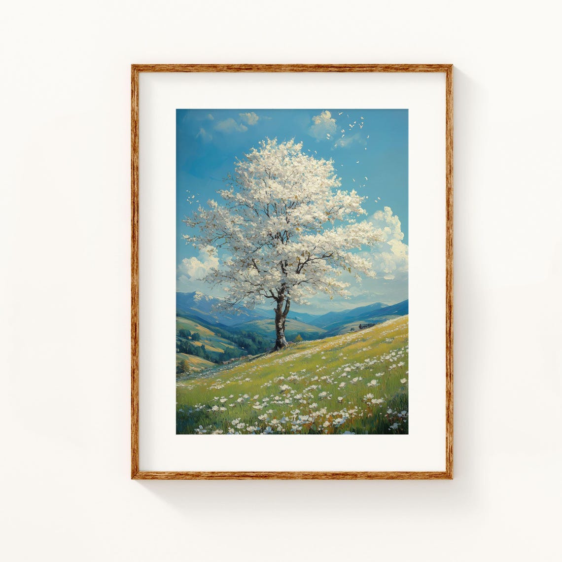 White Blossom Tree On Spring Hill With Wildflowers Art Poster - Image 3