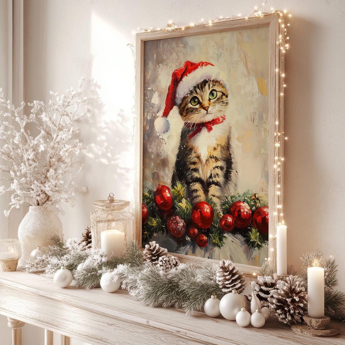 Tabby Kitten in Santa Hat With Christmas Ornaments Painting Poster - Image 5