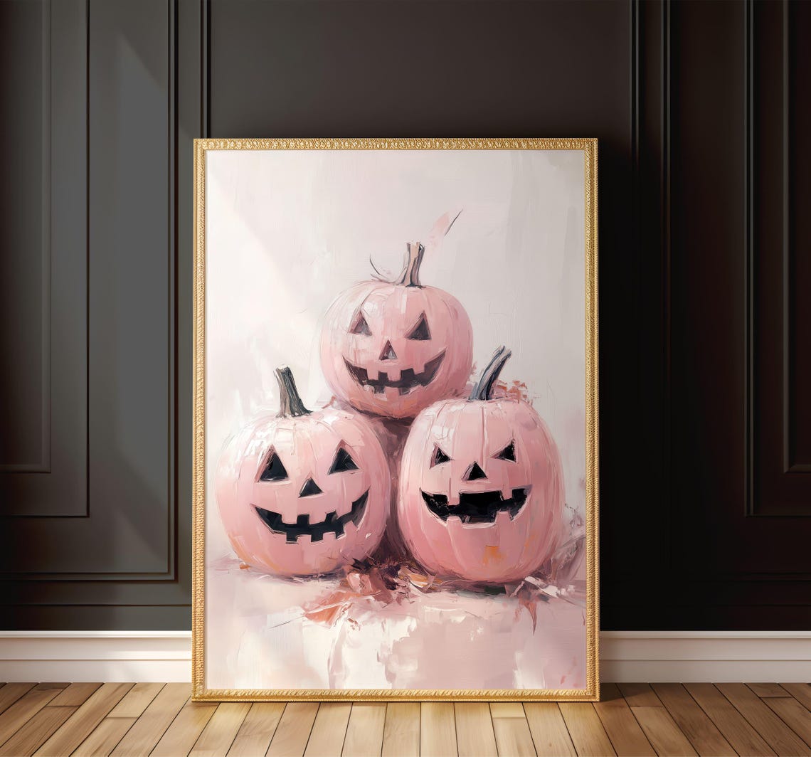 Cute Pink Jack O Lantern Pumpkins Pastel Halloween Painting Poster - Image 8