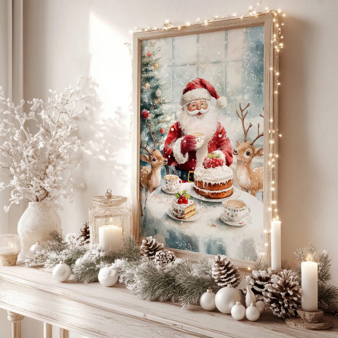 Santa Claus Tea Party With Reindeer Watercolor Christmas Poster - Image 2