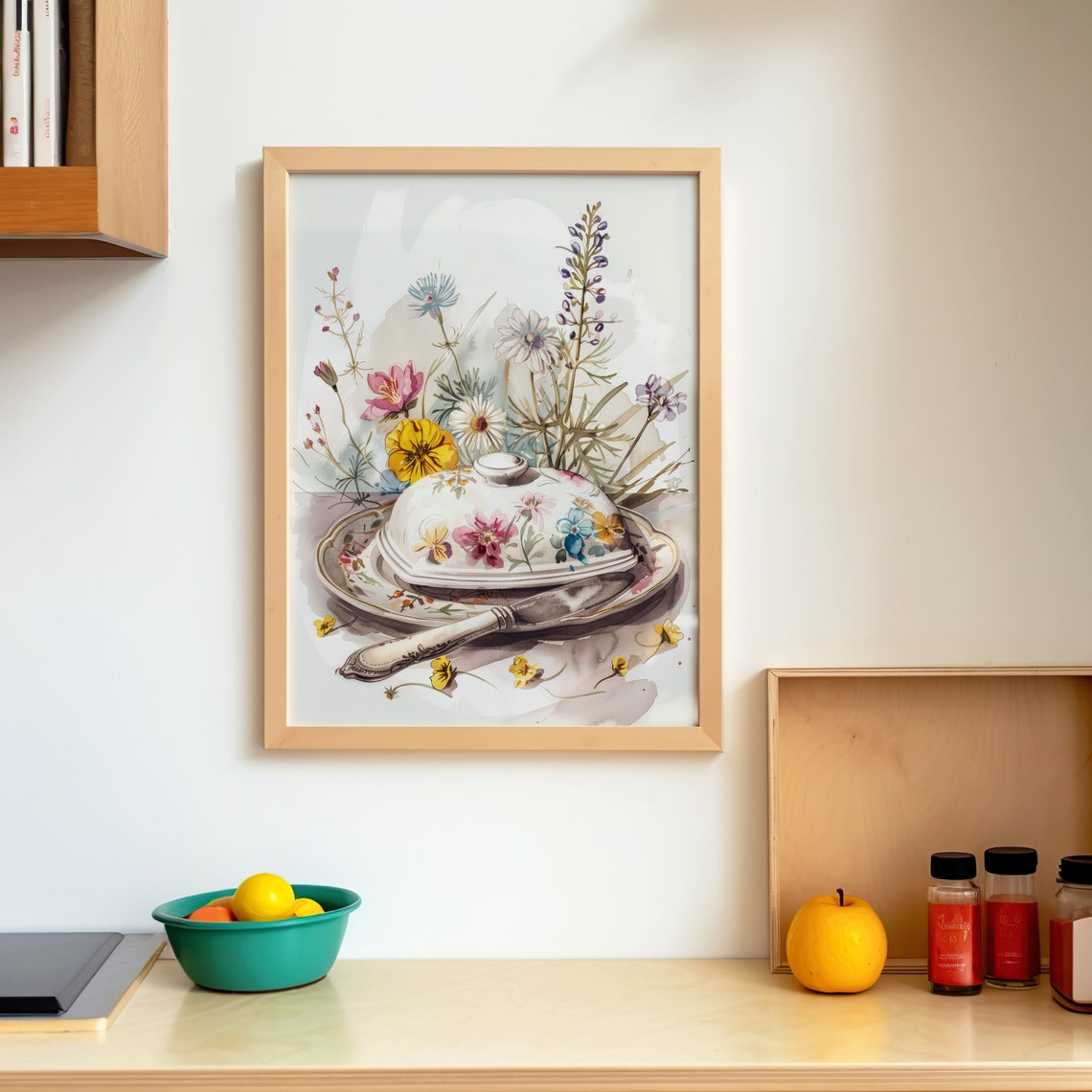 Shabby Chic White Floral Butter Dish Watercolor Kitchen Print - Image 5