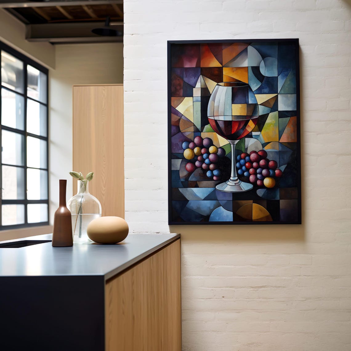 Cubist Wine Glass with Colorful Grapes Geometric Still Life Poster - Image 7